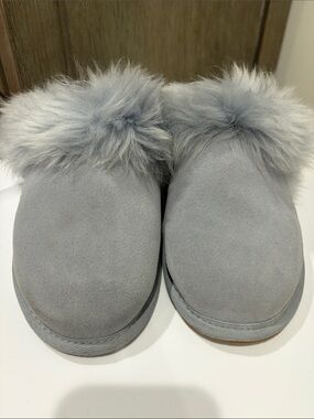 UGG Light Grey /blue Fluffy Sheepskin Slide Slippers
